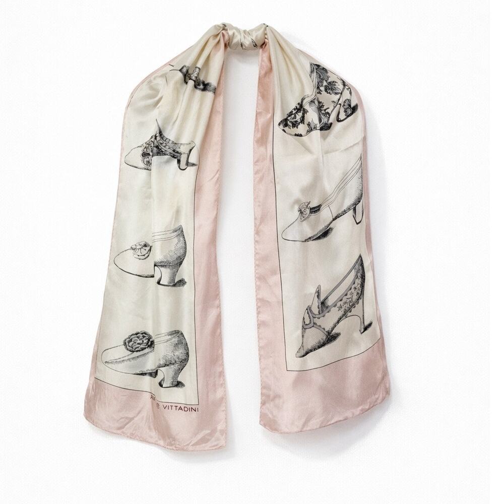Adrienne Vittadini Silk Scarf Shoe Print Blush Cream Vintage Style 11x51 - Picture 9 of 9